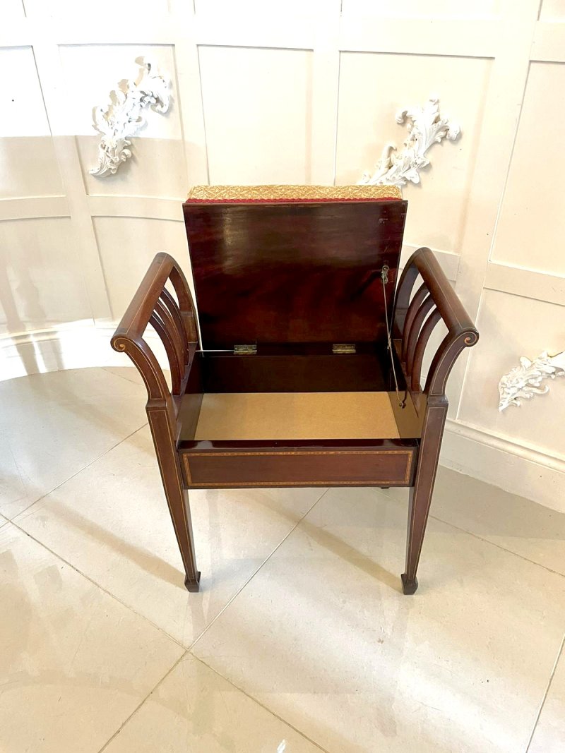 Antique Edwardian Freestanding Quality Mahogany Inlaid Piano Seat - Image 4